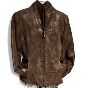 Bernardo Brown Ladies Leather Jacket Gold Metallic W| Pockets Jacket Size M EUC